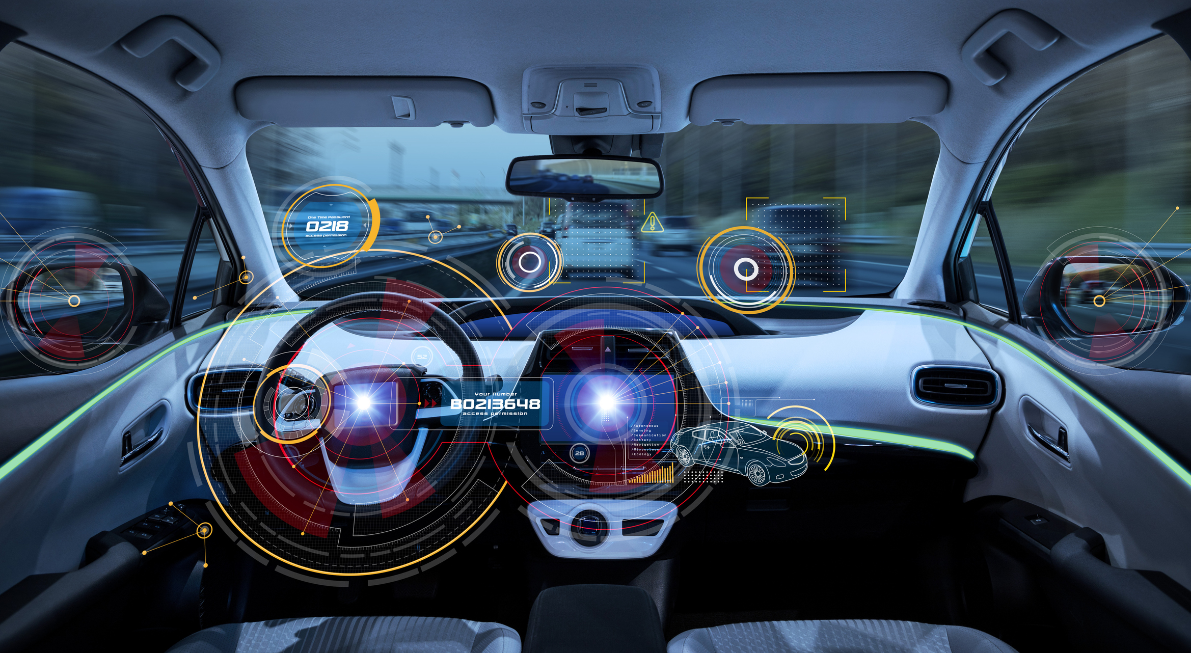 Futuristic car speeding on road.