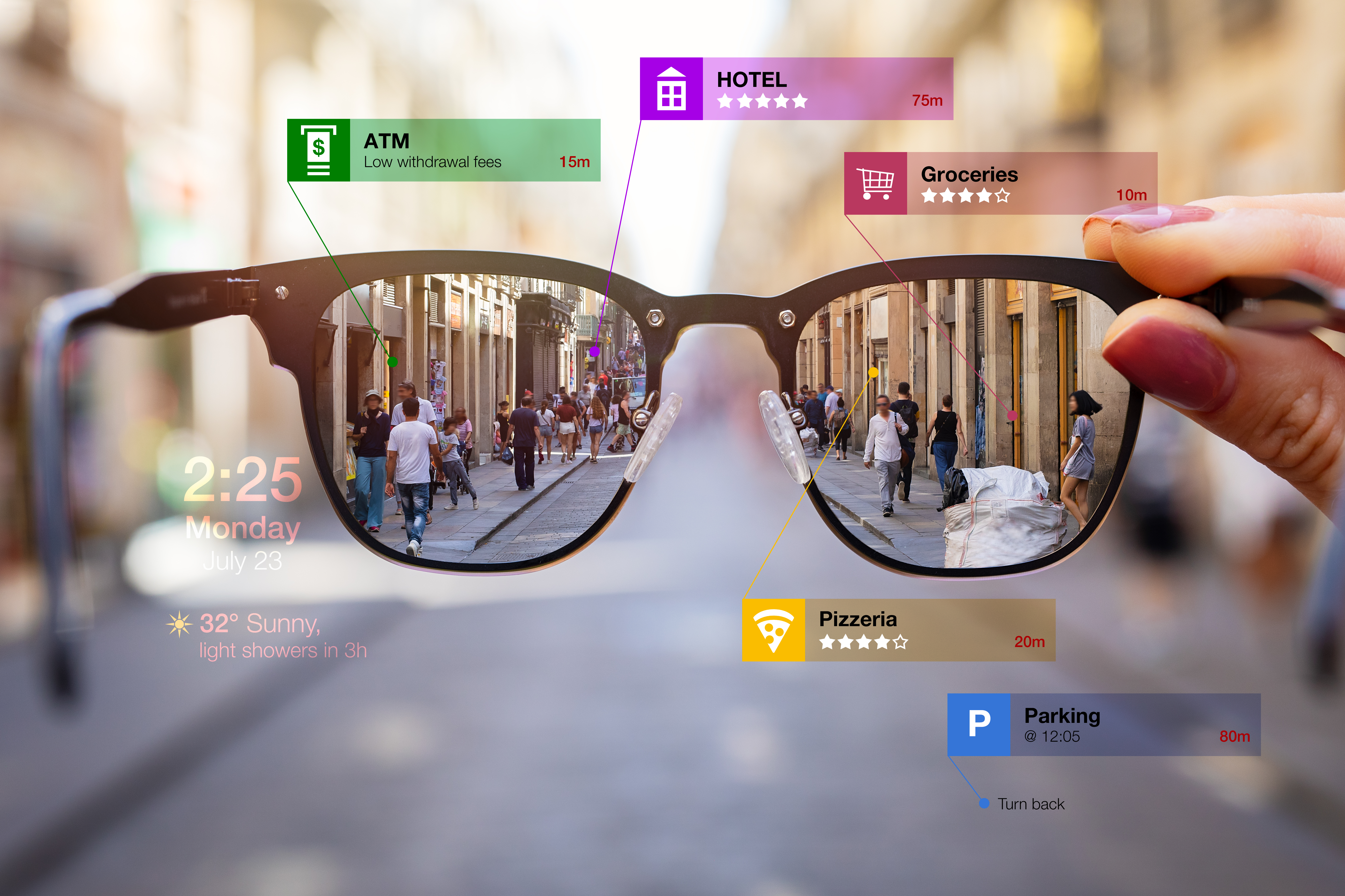 Augmented reality glasses displaying virtual information.