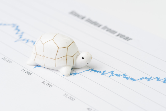 Stock chart with a turtle figurine lying on top.