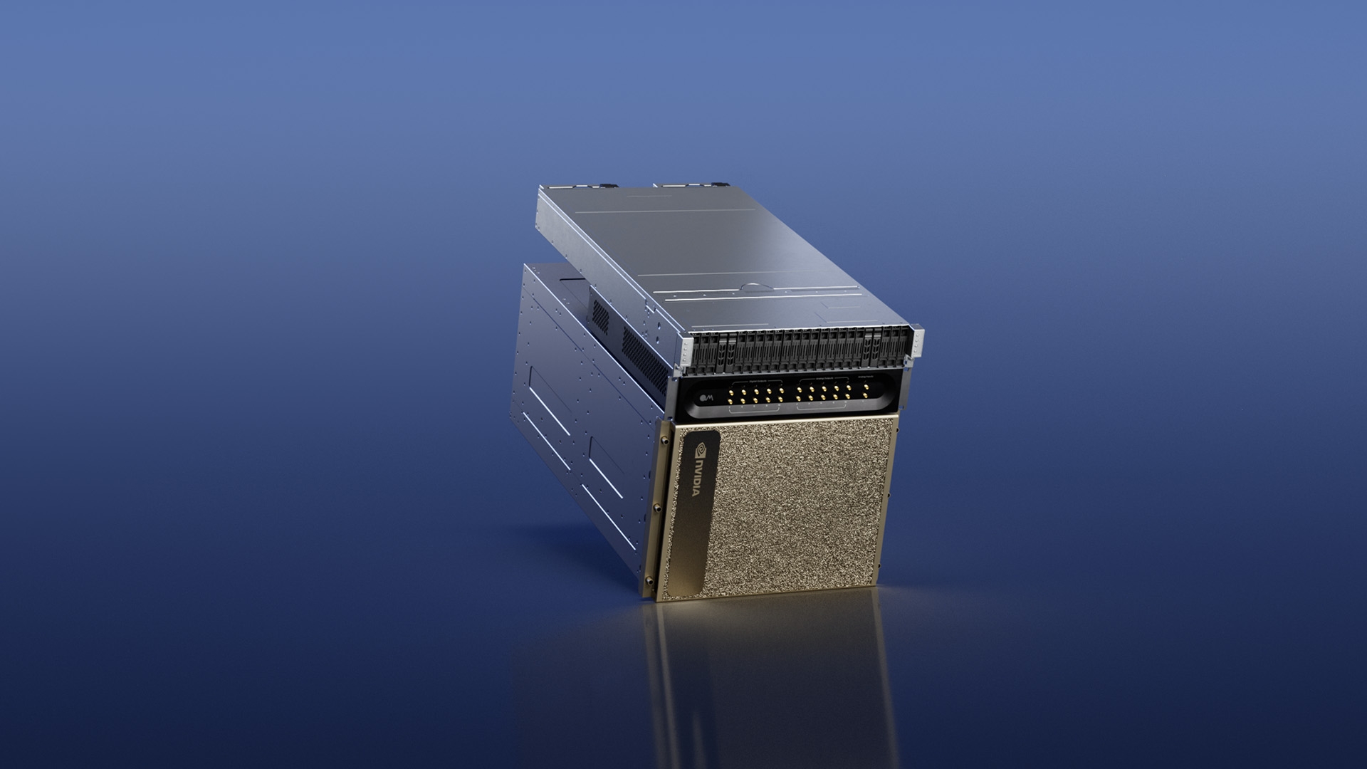 A picture of the DGX Quantum hardware, and Nvidia Grace Hopper GPU with a Quantum Machines OPX+ on top of it.