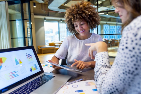 People reviewing data on slides.