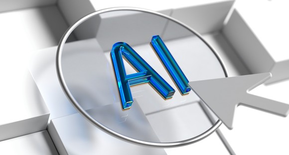 An AI button being clicked by a cursor above a virtual keyboard.