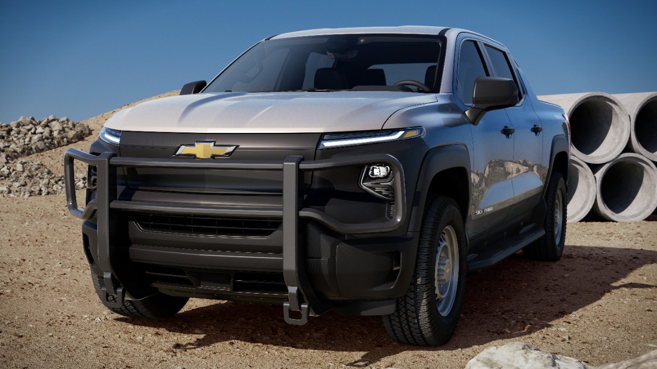 A 2024 Chevy Silverado EV parked on a construction site.