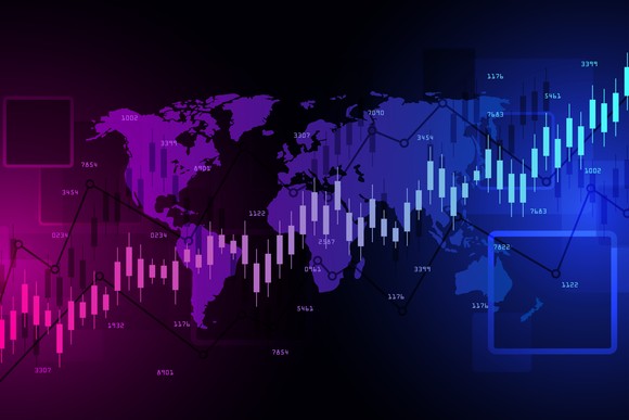 An upward trending stock chart overlaid on a world map shown in colors of blue and purple.