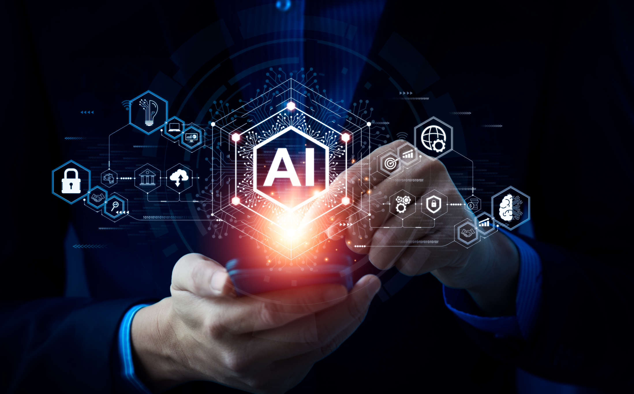 AI icon floating above a smartphone.