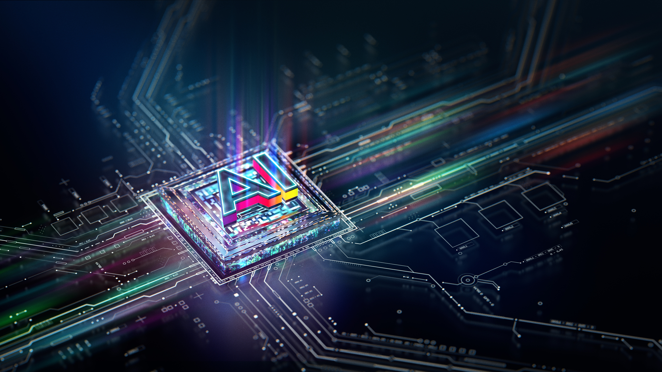 The letters AI emblazoned on a glowing circuit board.