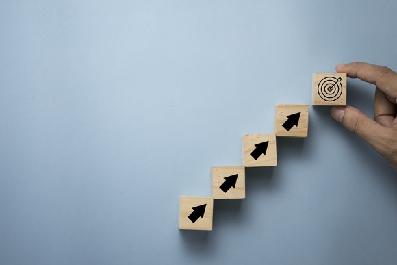 A hand arranging wooden blocks in a pattern indicating growth.