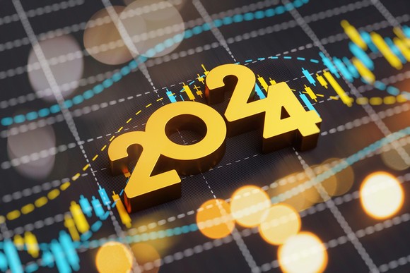 The year 2024, in gold digits, is set against a stock chart with festive lights.