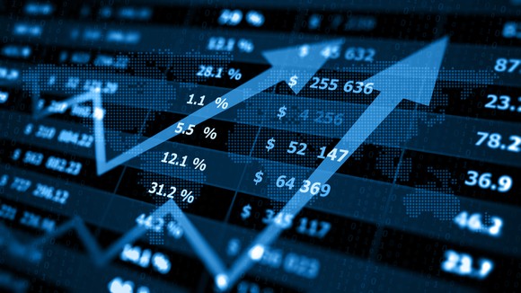 Stock chart with arrows going up.