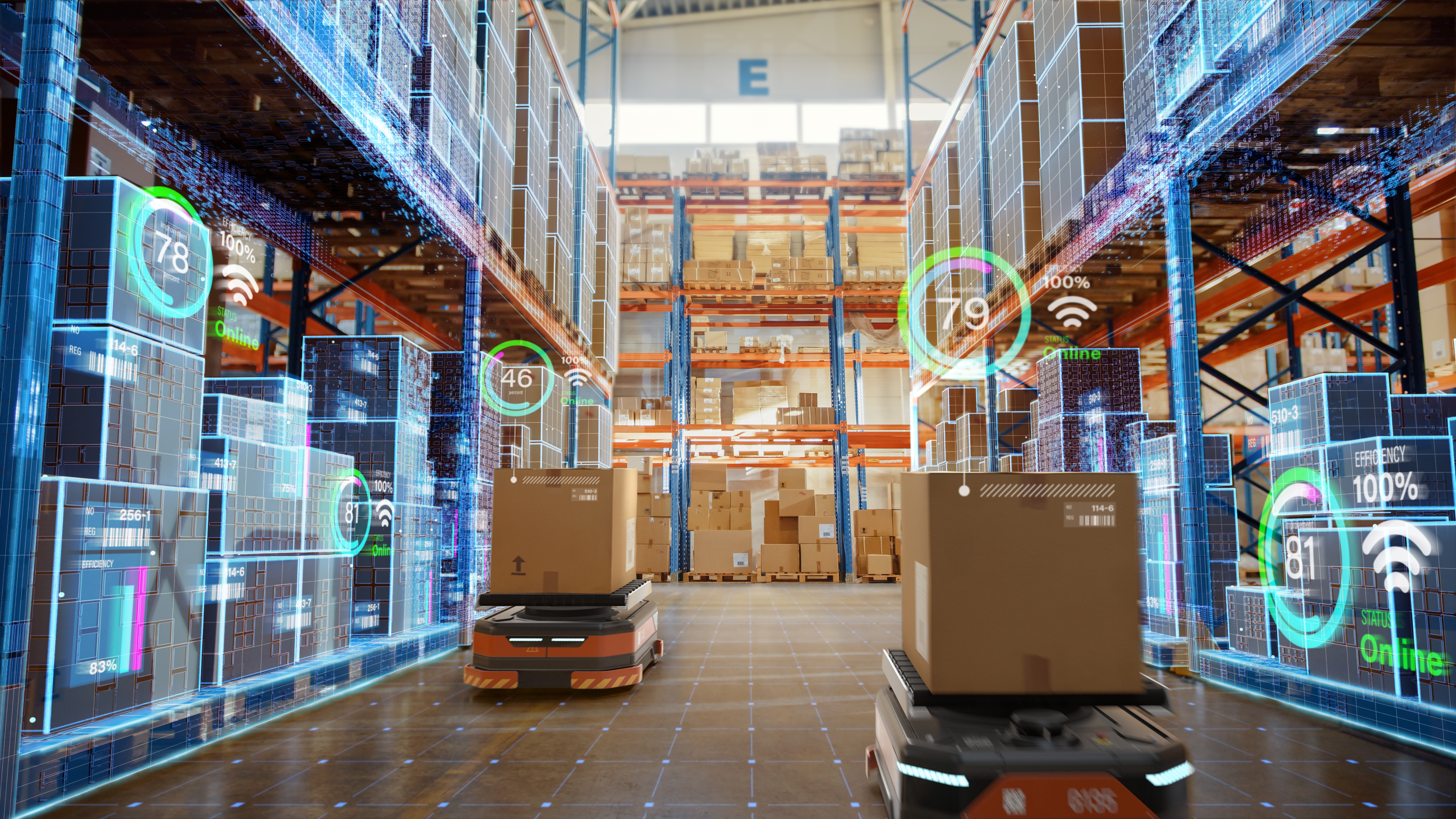 Robots moving packages in a warehouse.