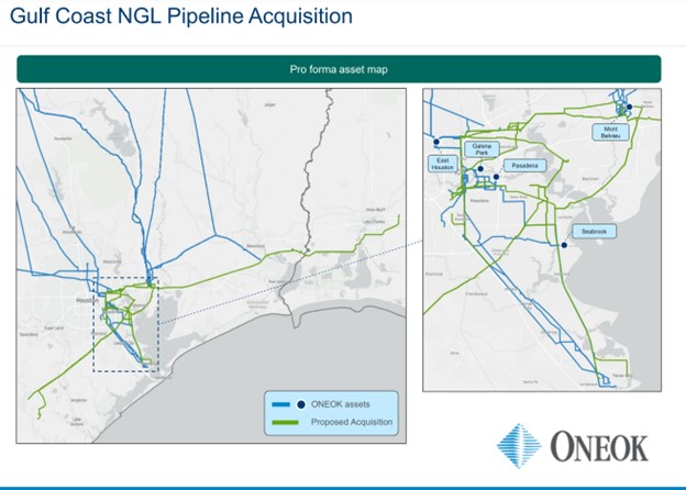 A map showing the strategic fit of Oneok's existing pipelines with its new acquisitions.