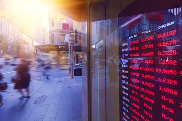 A stock market board with numbers in red, indicating declines.