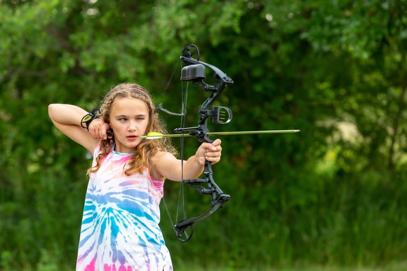 Someone is aiming a bow and arrow.