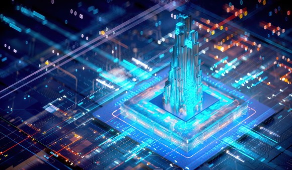 A tower of rectangular prisms rising out of a circuit board with beams of blue light bursting in multiple directions.