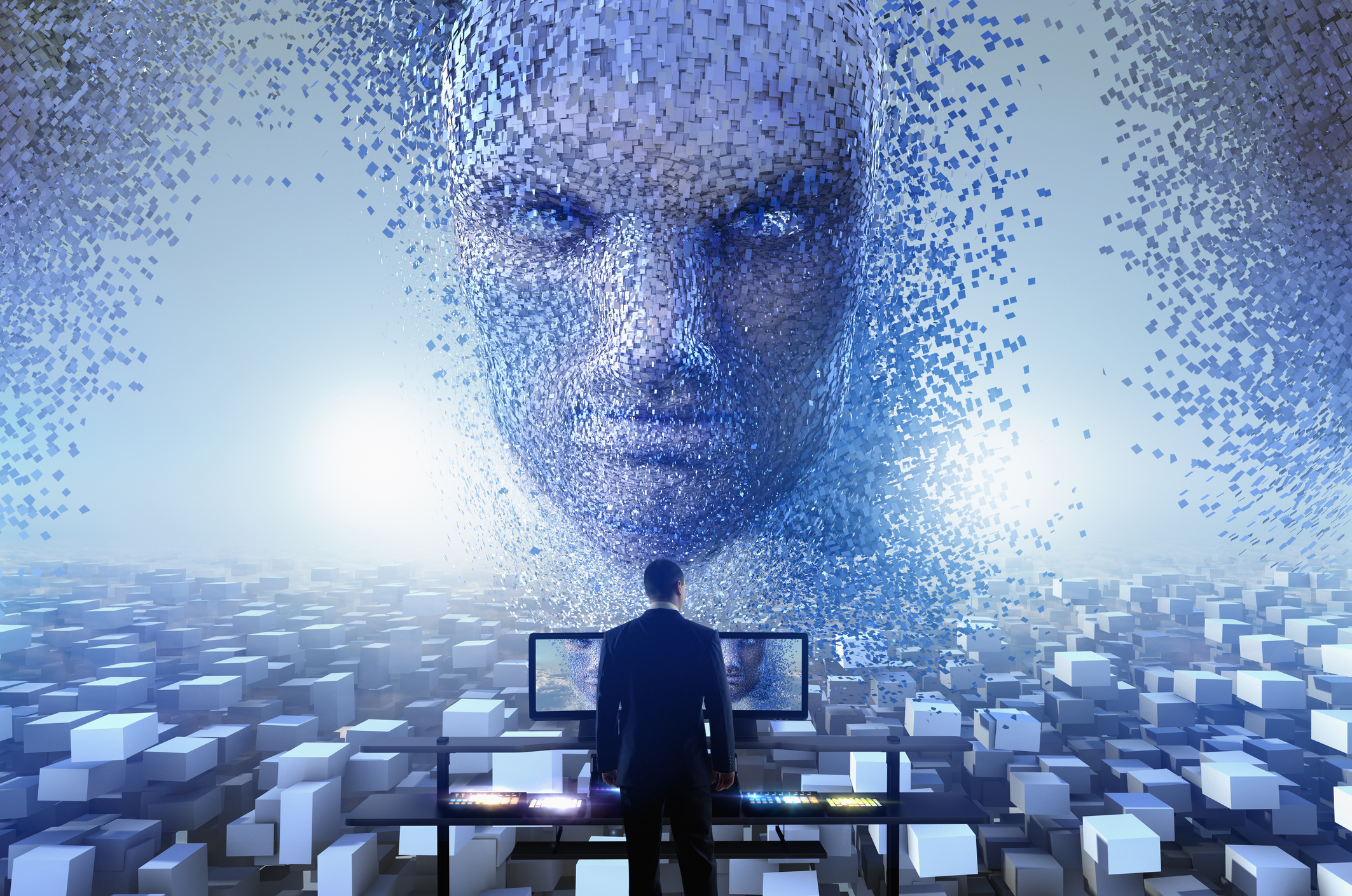 AI face looming over a man at a computer screen.