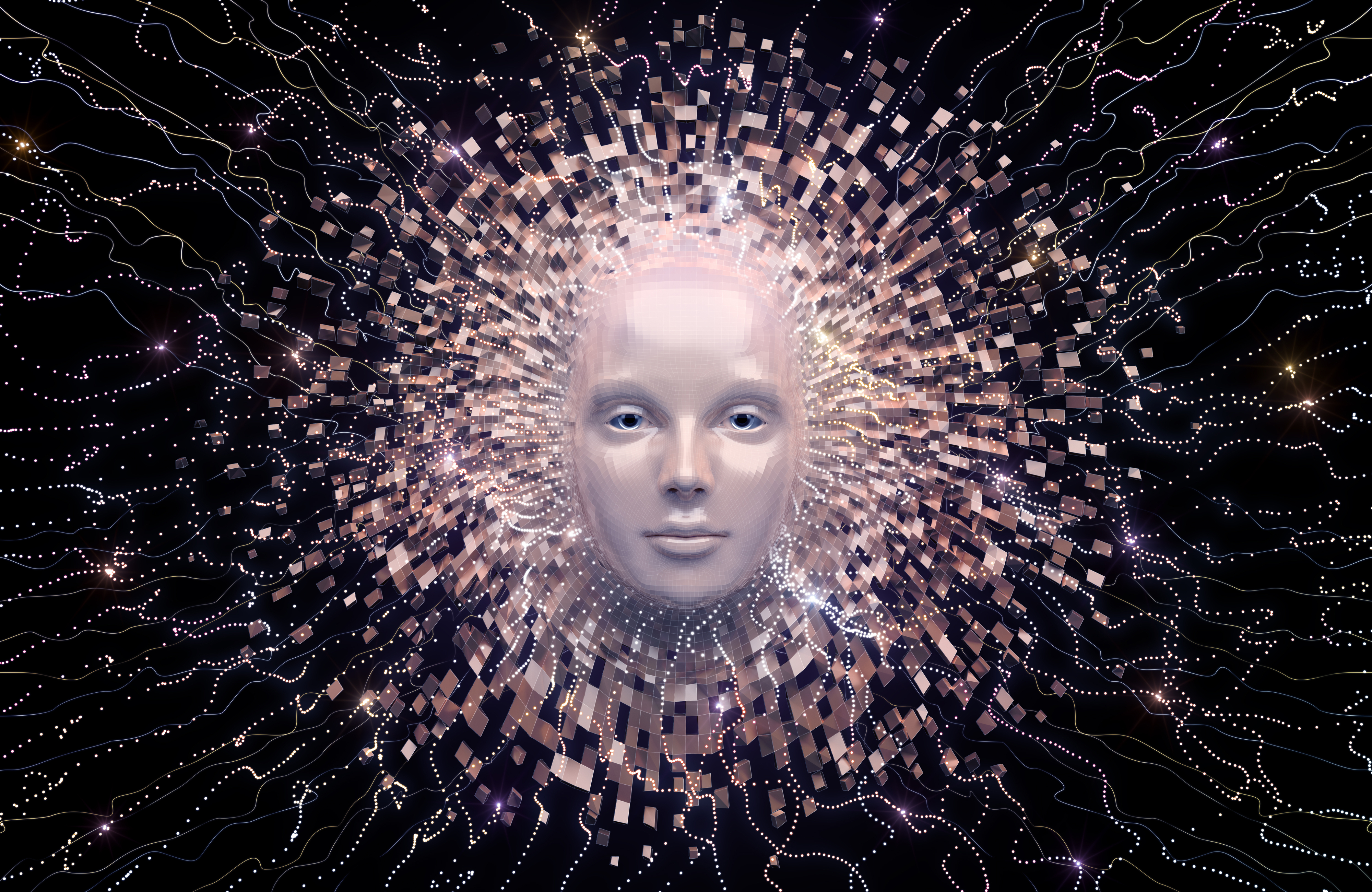 A humanoid face emerging from a sea of pixels and circuitry, representing artificial intelligence. 