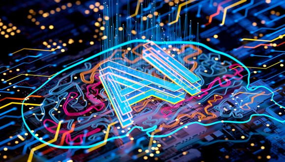 A circuit board with a graphic of a brain and the letters A I printed on it.