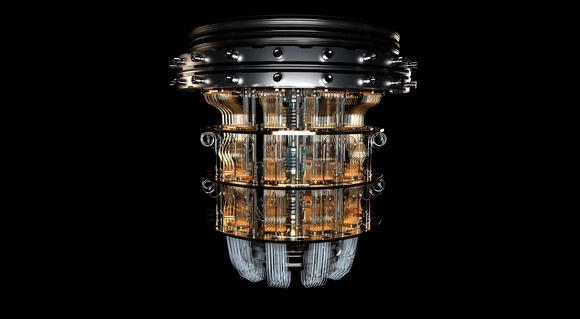 Artist's rendering of a quantum computer with fiber optic leads.