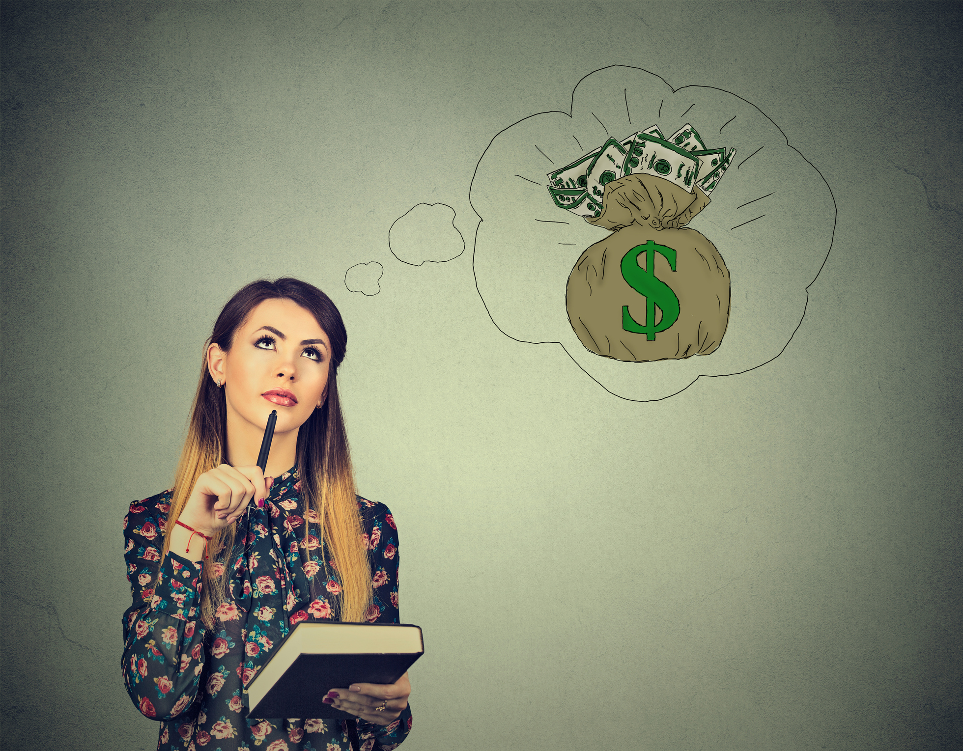 Someone pondering a bag of money as a thought bubble.