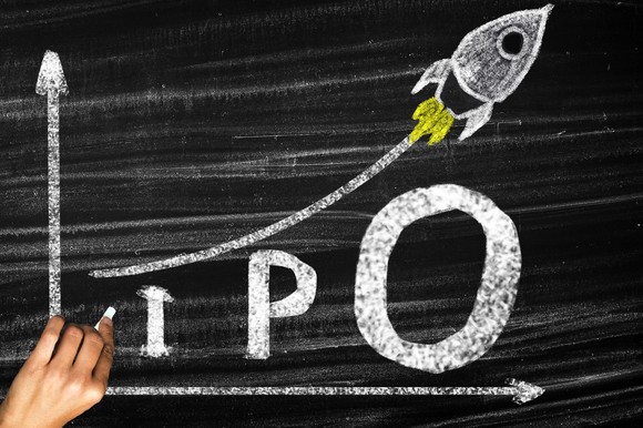 A chalk drawing of a rocket above the letters IPO.