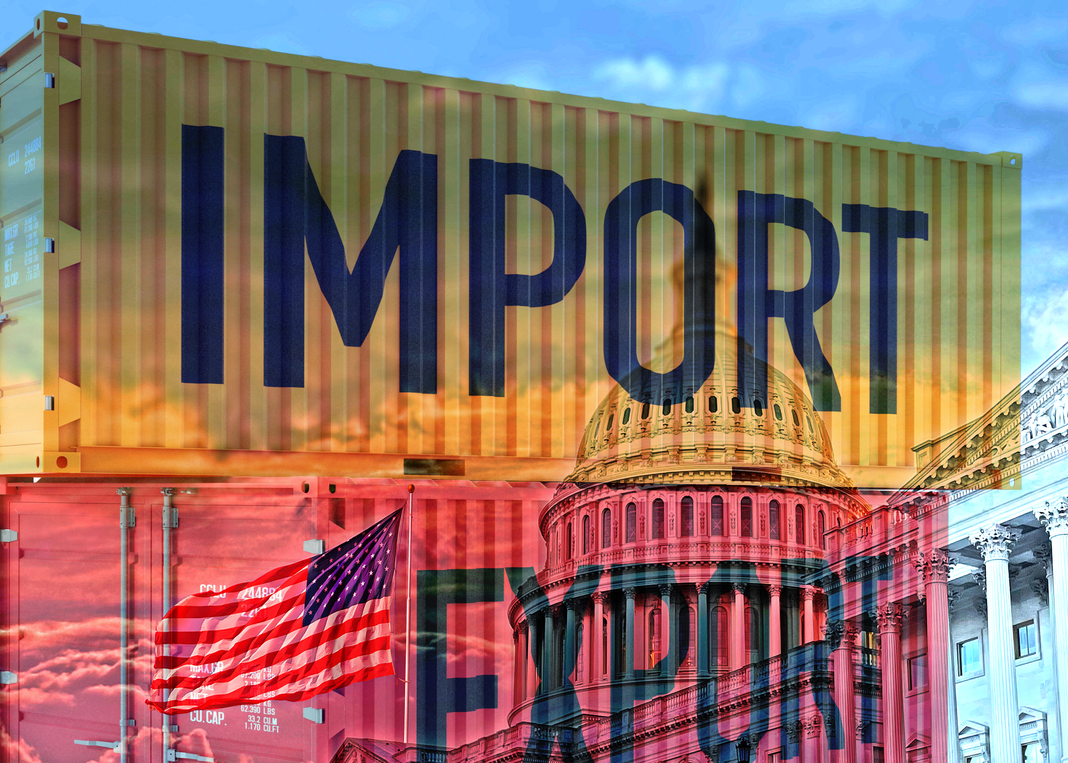 Two containers with the words import and export on them.