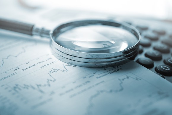 A magnifying glass laid atop a financial newspaper that's displaying stock charts.