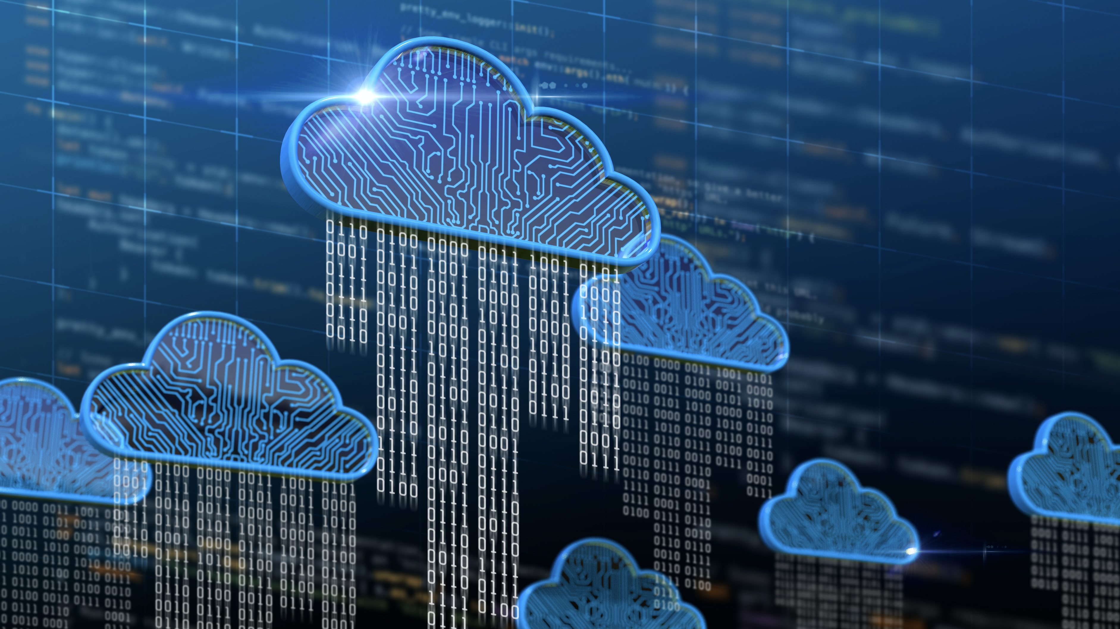Digitally created blue clouds with computer code written below them.
