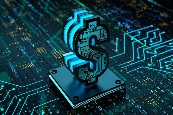 Digital dollar on a circuit board.