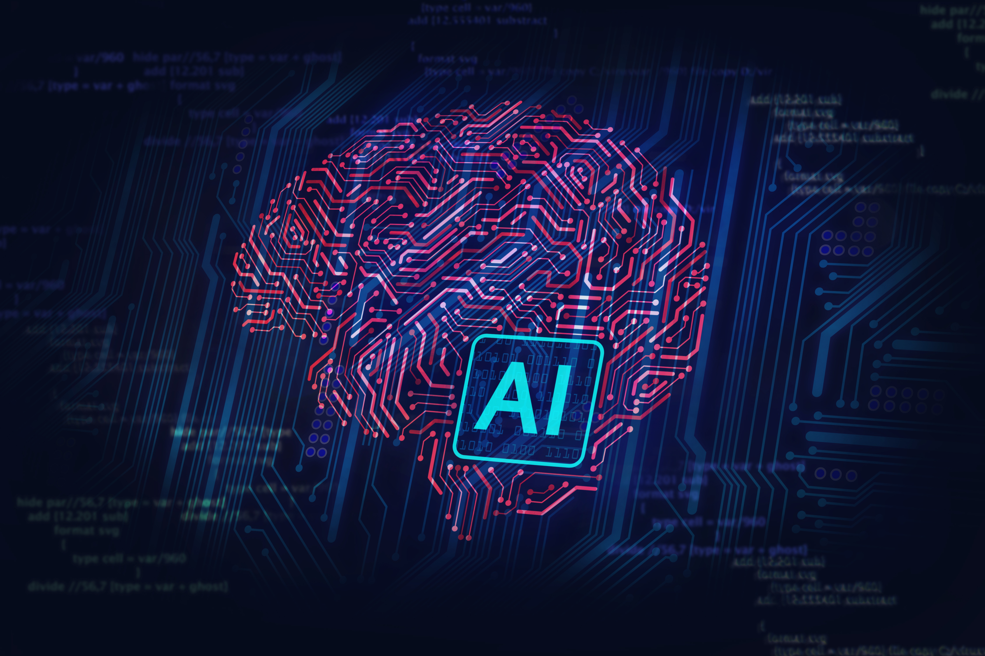 AI representing artificial intelligence showing on a computerized display of a human brain. 