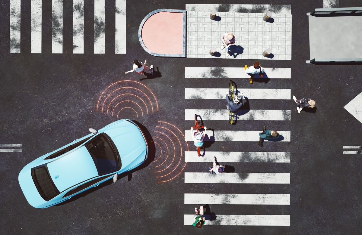 Top-down view of a self-driving car sensing people in a crosswalk.