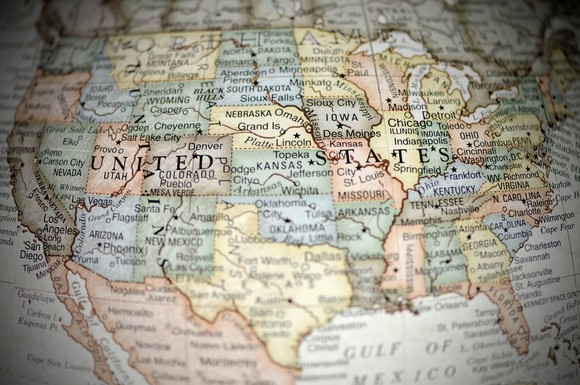 A close up of the United States on a globe.