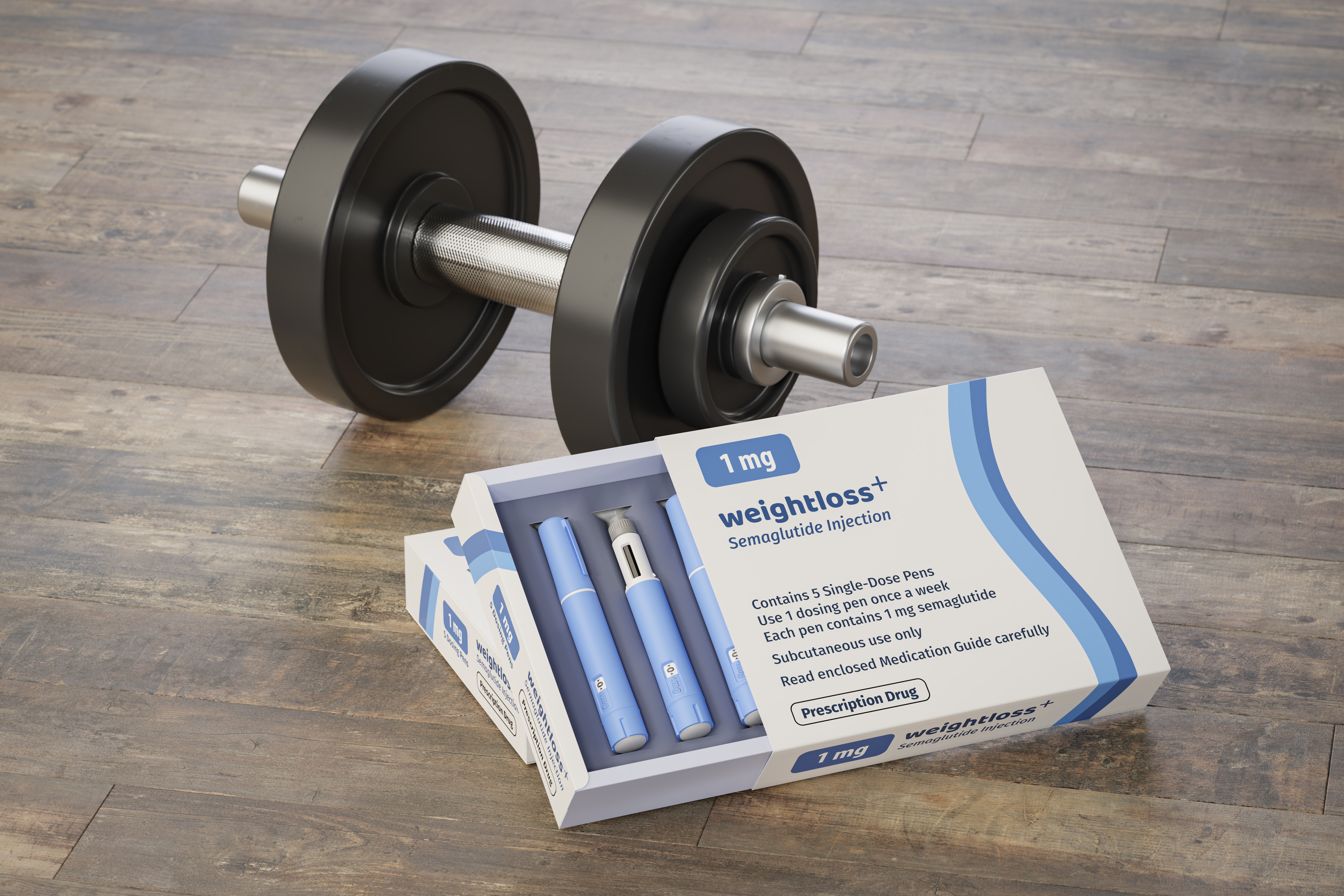 Injectable semaglutide next to exercise weight.