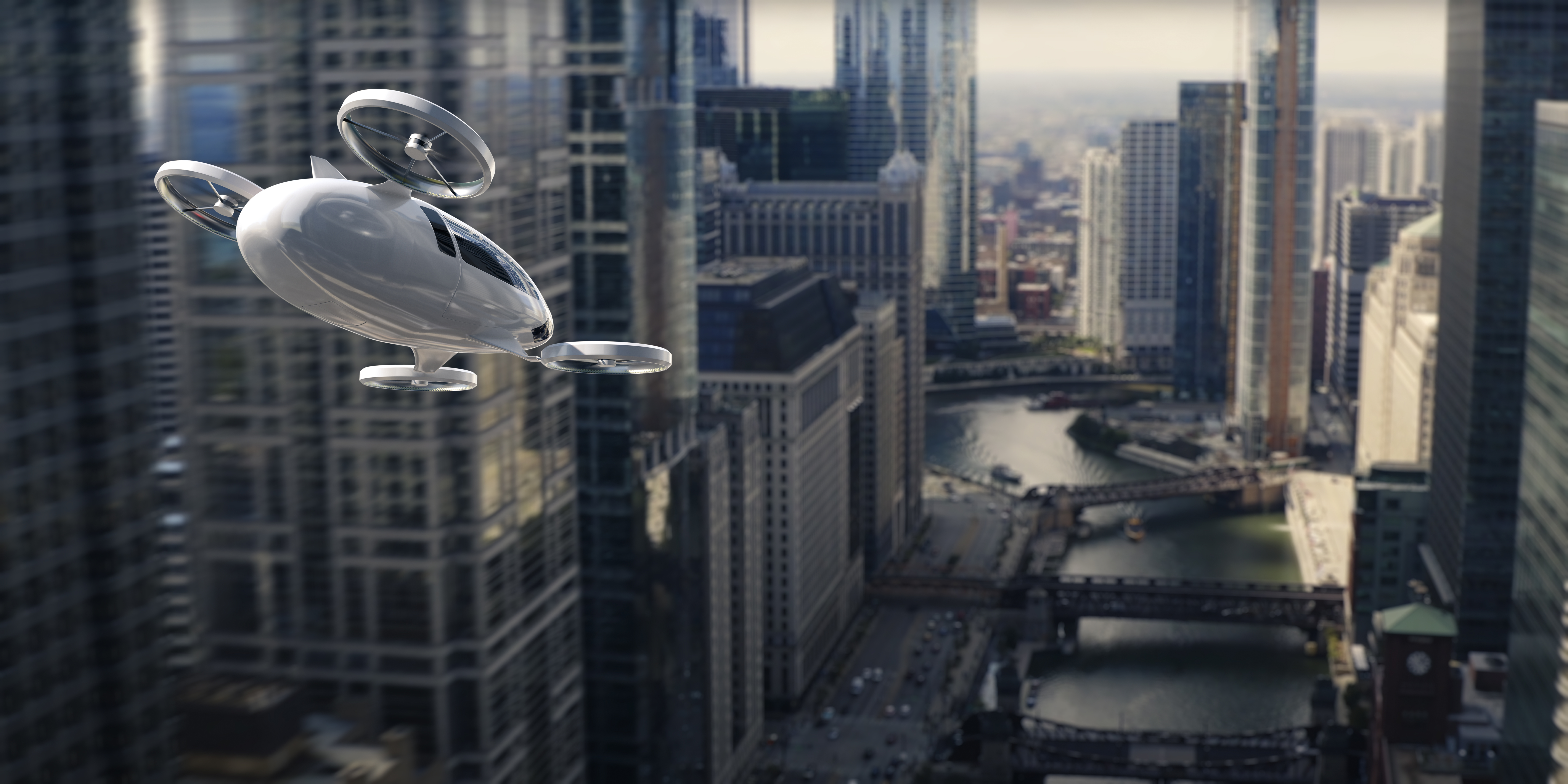 A rendering shows an EVTOL aircraft flying in a major city among skyscrapers.