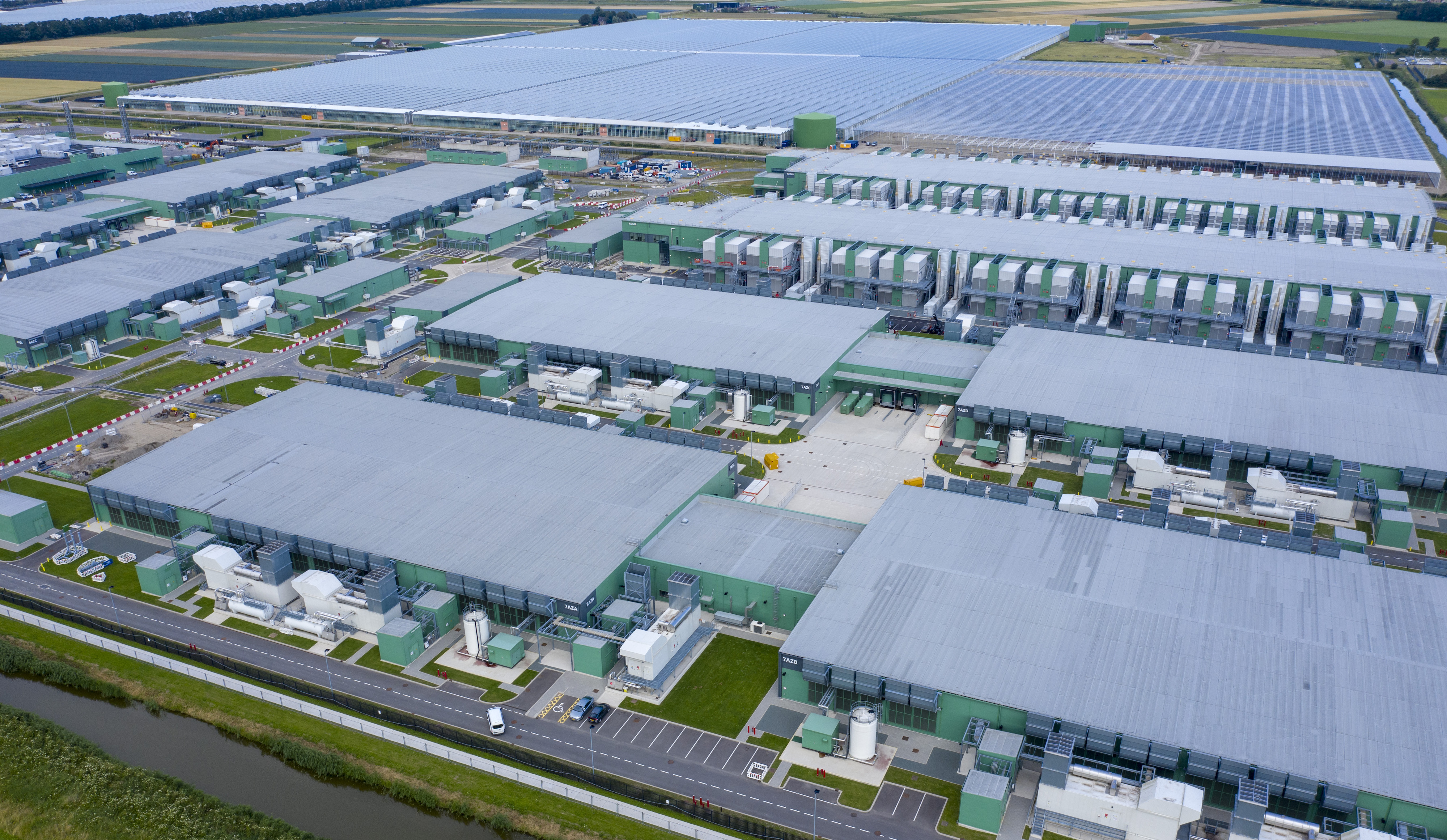 drone view of sprawling AI data center.