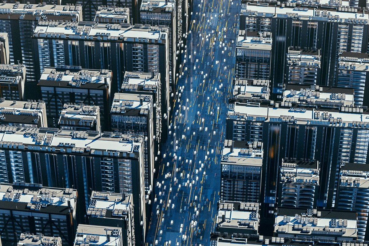 A futuristic city from above.