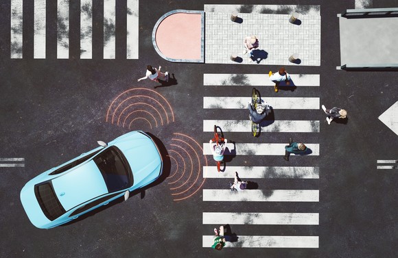A self-driving car navigating a city.
