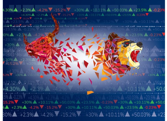 A vector graphic showing a bull and a bear with various percentage changes in the background. 