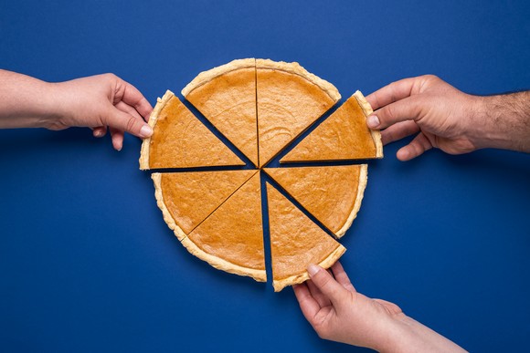 A pie split up into pieces.