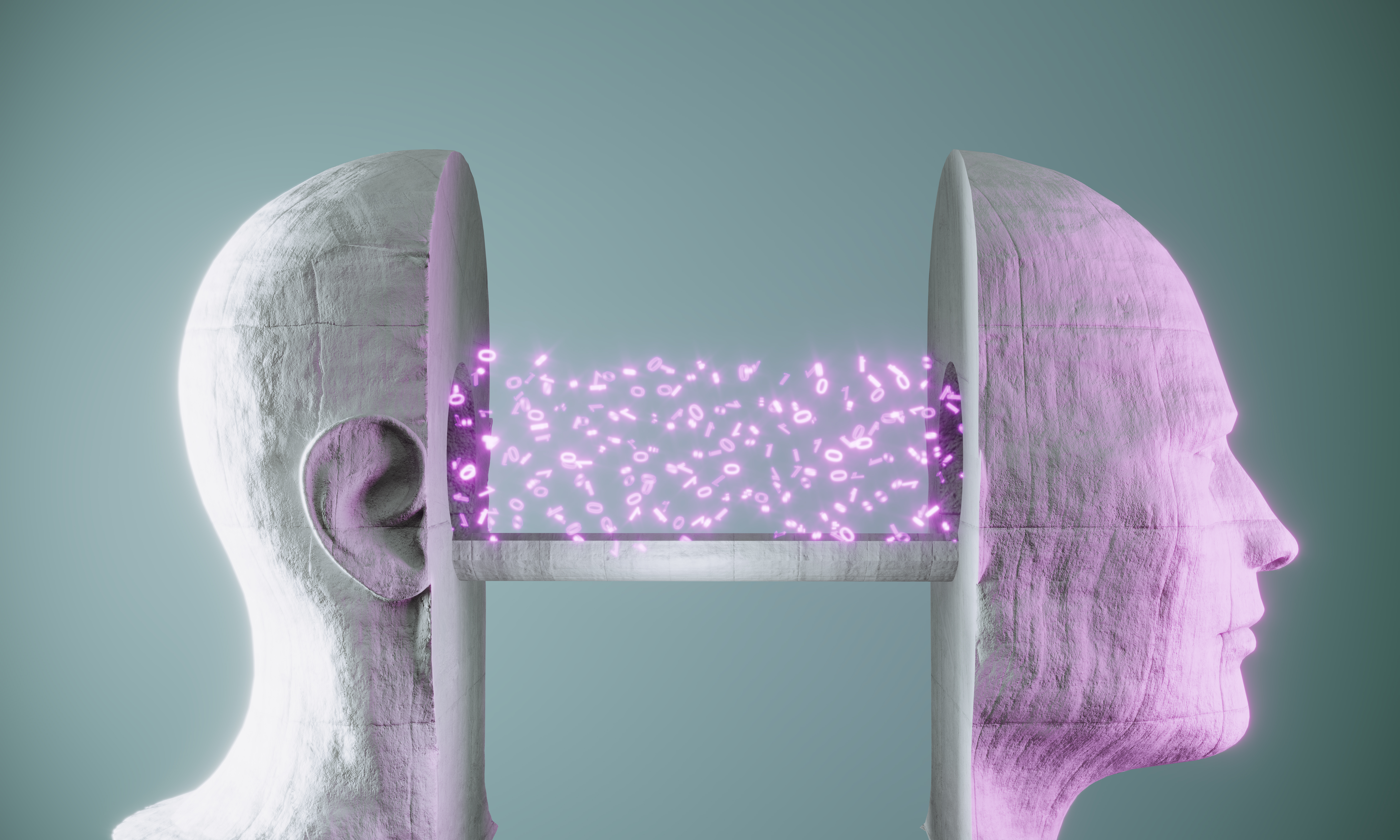 A bust of a human face is split in two, connected by digital ones and zeros.
