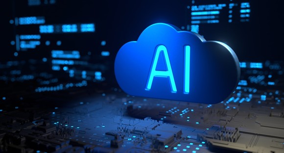 A blue cloud labeled "AI" floating over a computer circuit.