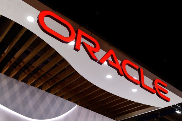 Oracle logo on a building.