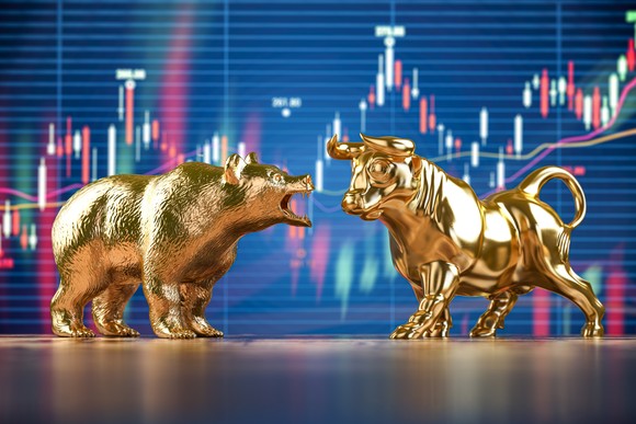 A golden bear faces off with a golden bull with a stock price chart in the background.