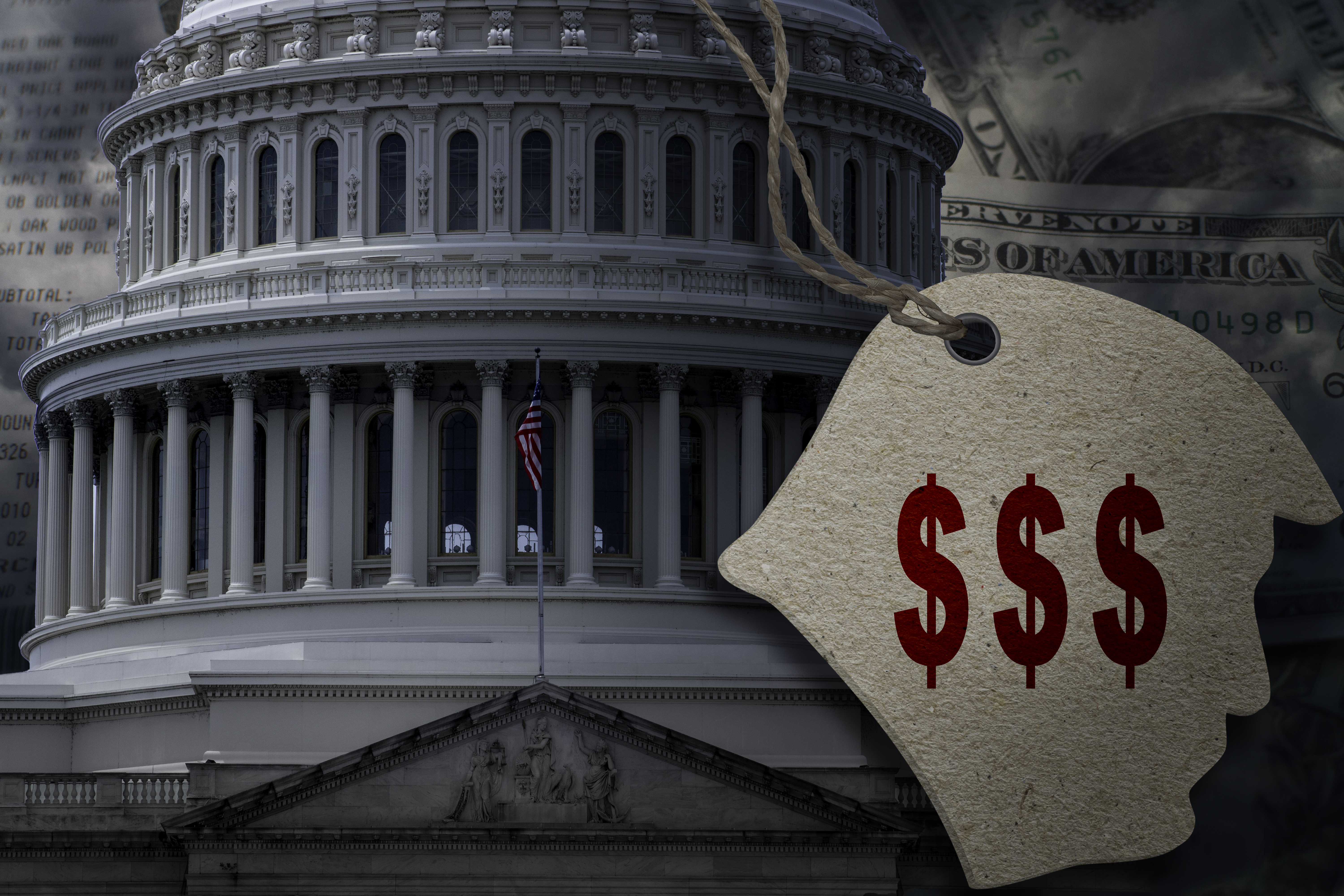 A picture of the U.S. Capitol in the background. In front is a paper silhouette of President Trump's face with three red dollar signs printed on it.