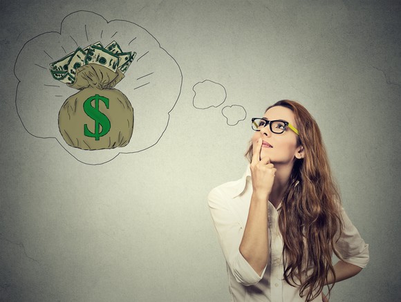 A person looking at an illustrated thought bubble with a bag of money in it.