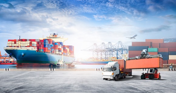 A cargo ship, cranes at a port, an airplane, shipping containers, and a long-haul truck, illustrating international shipping, transportation, and international trade. 