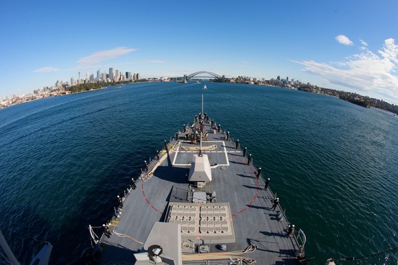 A Navy ship in the ocean.