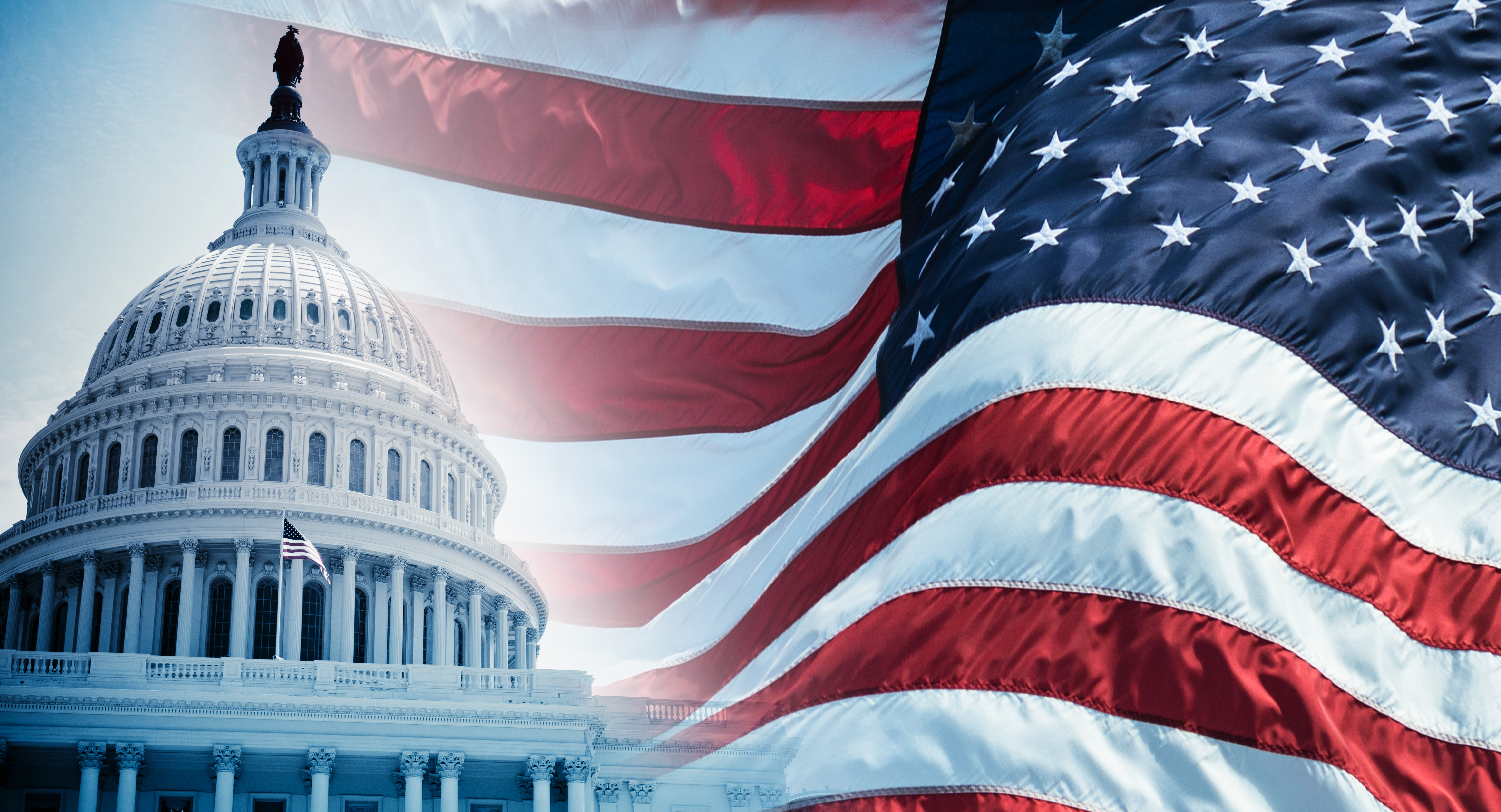 The U.S. Capitol building is shown in the foreground, with the background a reversed U.S. flag.