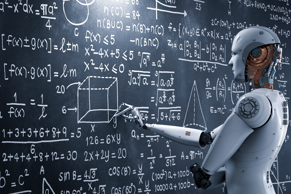 A robot writes complex calculations on a blackboard.