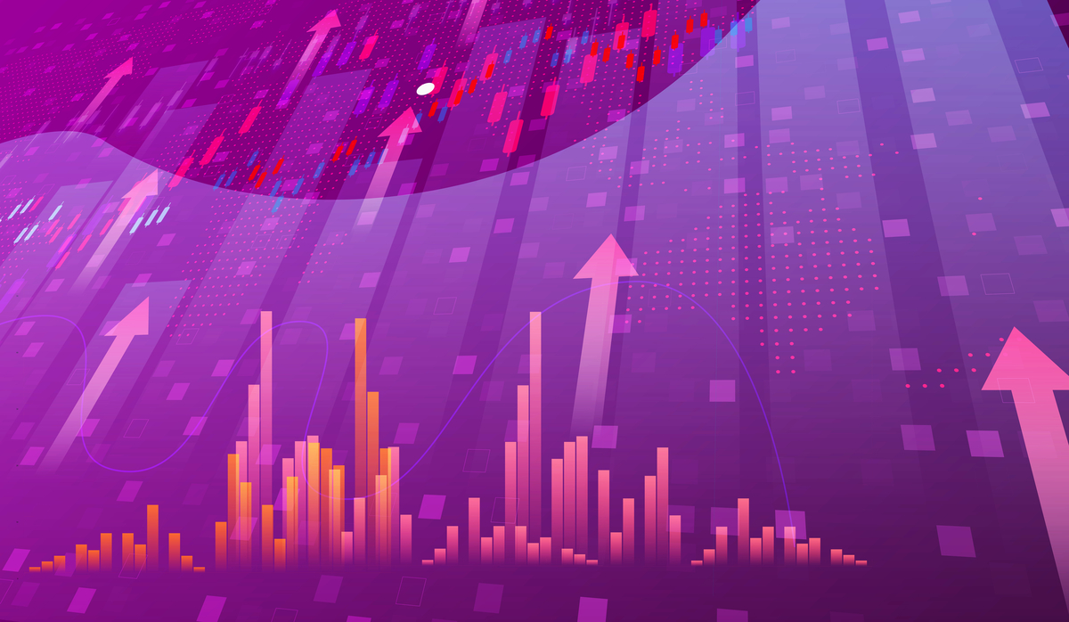 Abstract image of various kinds of stock market charts and arrows pointing upwards. 