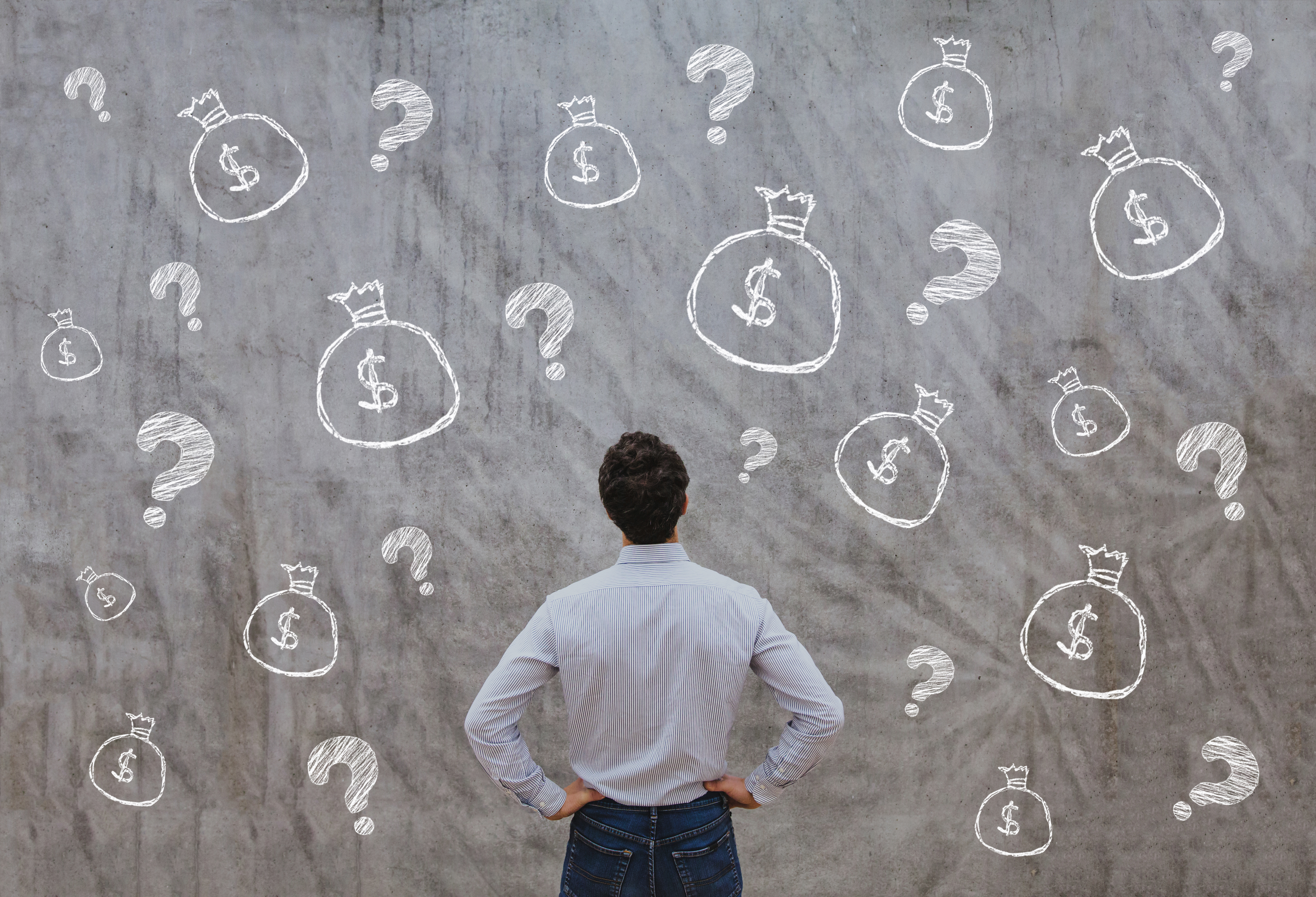 Man looking at drawing of money bags and question marks